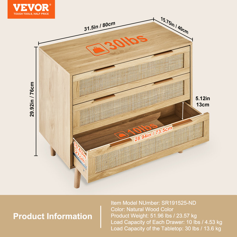 Commode 3 tiroirs en rotin pour commode