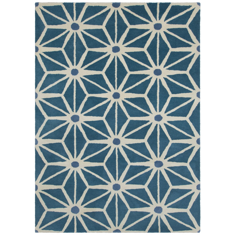 Tapis bleu et blanc à motif géométrique touffeté à la main Stonebridge, 5 pi x 7 pi