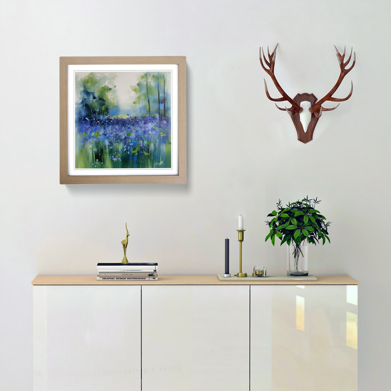 Bluebell Field Gestural Art - Framed Print, Oak
