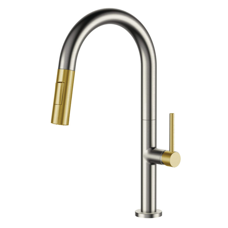 Robinet de cuisine rétractable à poignée simple avec accessoires, Nickel satiné / laiton satiné