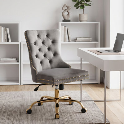 Chaise de bureau moderne en velours capitonné avec base en métal, chaise de bureau pivotante ajustable