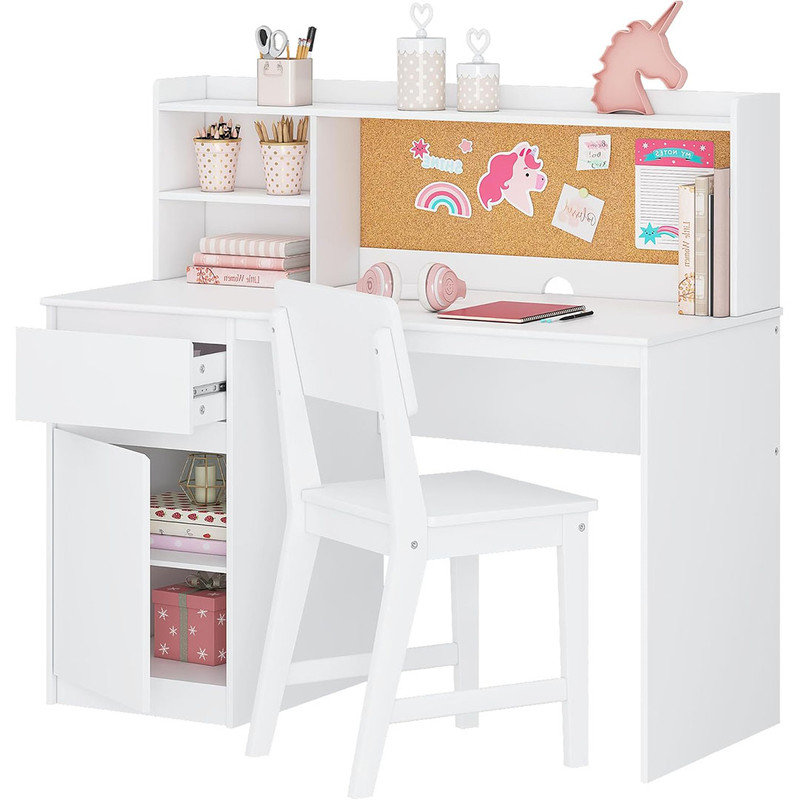 Kids Desk and Chair Sets with Hutch and Storage Cabinet, Wooden Children Study Table, Student Writing Desk Computer Workstation, White