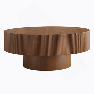 Elegant Easy Assembly Round Coffee Table With 6.8" Thick Tabletop, Modern Drum End Table, Minimalist Fluted Center Table With Sturdy Base For Living Room, Walnut, 31.5"W*13.7"H