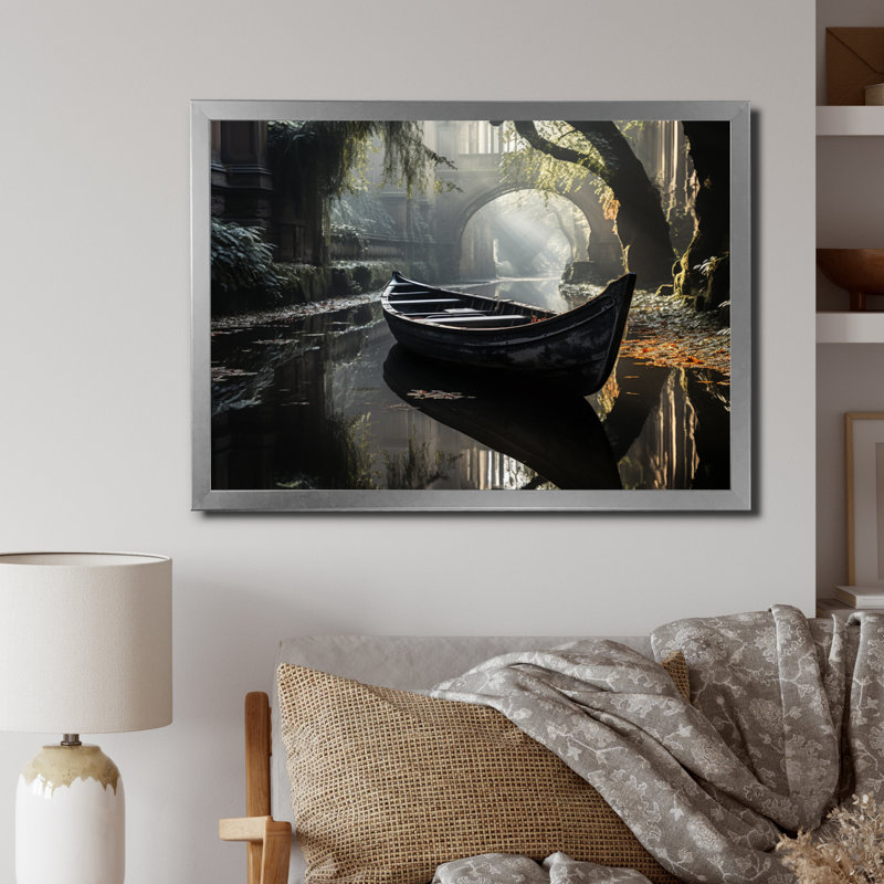 Canal Quiet Passage Charcoal I, reproduction d'art sur toile, 30" H x 40" W, Silver Picture Framed
