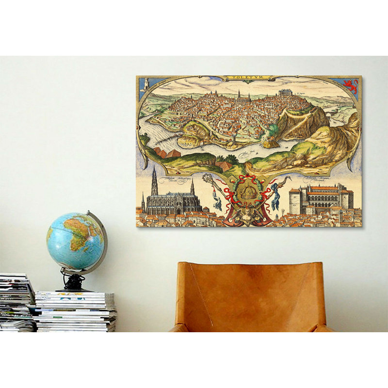 Carte antique, impression sur toile, H 40 po x l 60 po x P 1,5 po