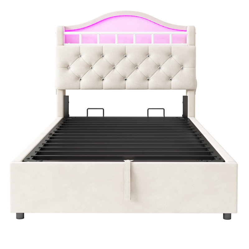 3ft Ottoman Bed With Led And  Storage Headboard Velvet, Beige