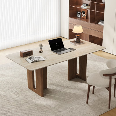 Bureau d'ordinateur de 63 po avec plateau en travertin moderne, bureau de direction rectangulaire avec deux bases en bois robustes Swith, bureau d'écriture pour bureau à domicile