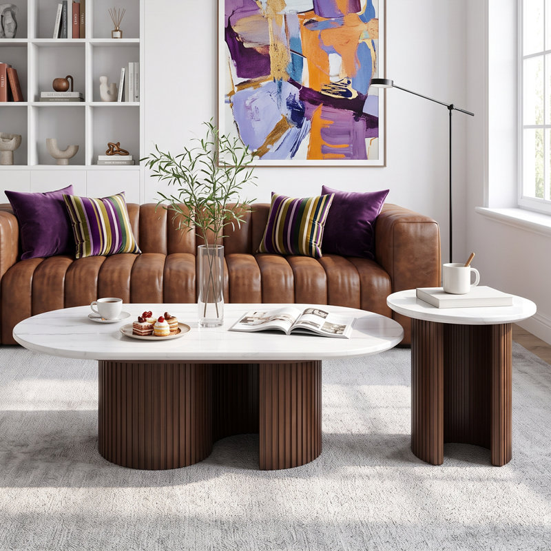 2 - Piece Solid Wood Marble Top Living Room Table Set, 2 Pieces: Coffee Table; End Table