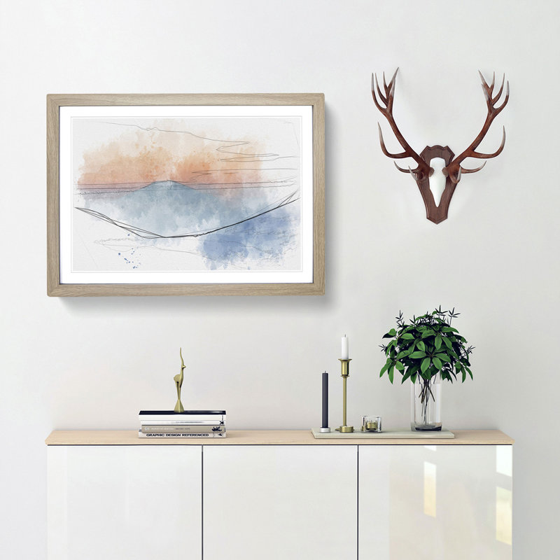 Sunrise over the Mountains Sketch - Picture Frame Graphic Art Print, 45cm H x 63cm W x 2cm D, Oak Framed