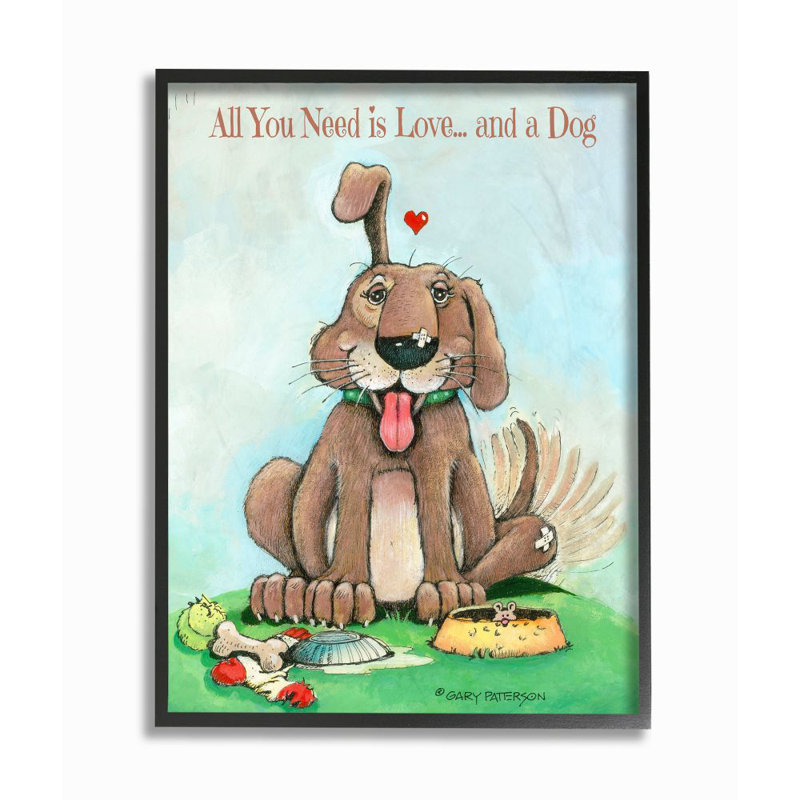 «Love and a Dog Funny Pet Design» par Gary Patterson, reproduction de dessin, H 11 po x l 14 po, Giclée encadrée noir minuit