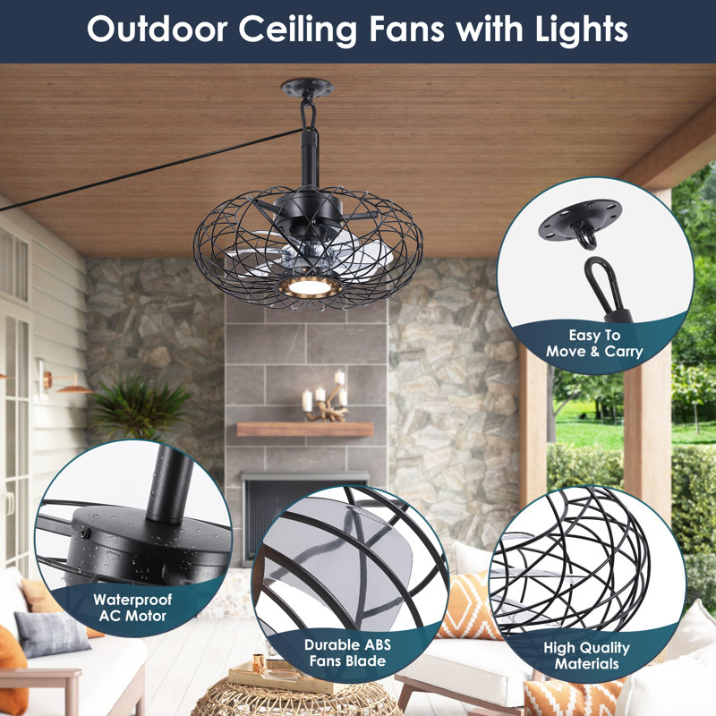 Outdoor Caged Ceiling Fan With Led Light For Patios,Plug in Ceiling Fan with Remote, Clear, 15"