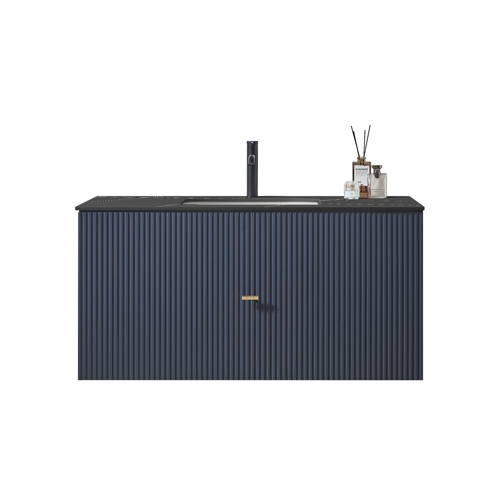Jamell 42 Wall Mount Modern Bathroom Vanity, Dark Blue, Black