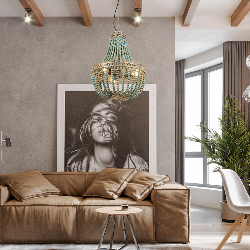  3-Lights Wood Beaded Chandelier, Rustic Vintage Farmhouse Pendant EliteBook Light Fixtures Bohemia Blue Beach Ceiling Light for Living Room, Bedroom, Kitchen Island