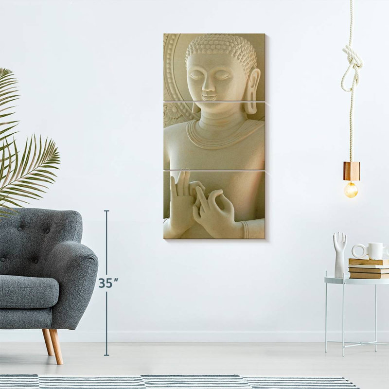 Bouddha calcaire 3 pièces, H 62 po x l 30 po x P 1,25 po
