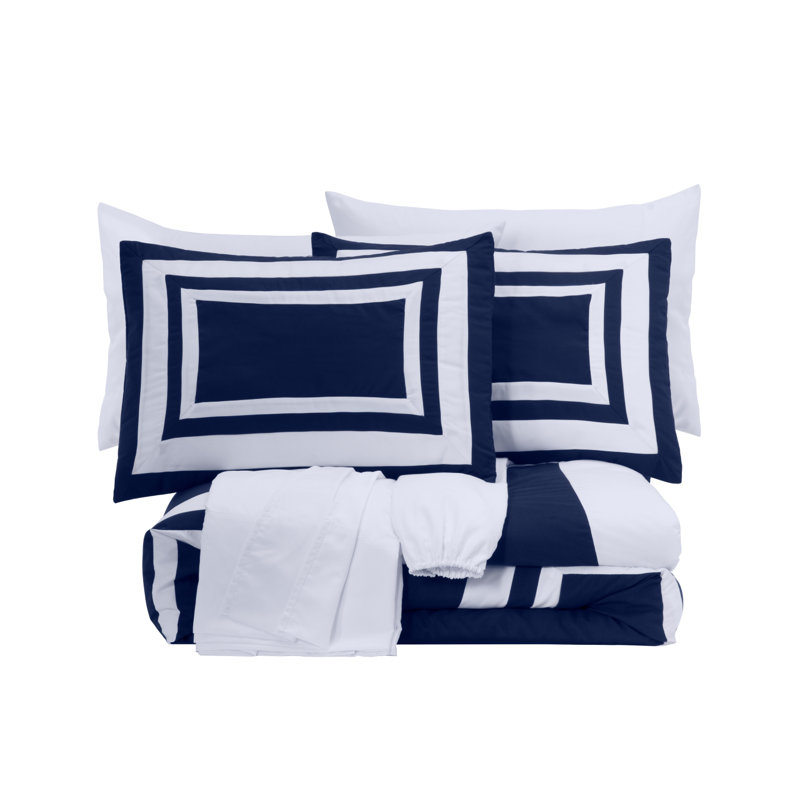 7-Piece Hotel Style Bed in a Bag Comforter Set with Sheets, King Comforter + 6 Additional Pieces, Navy/White