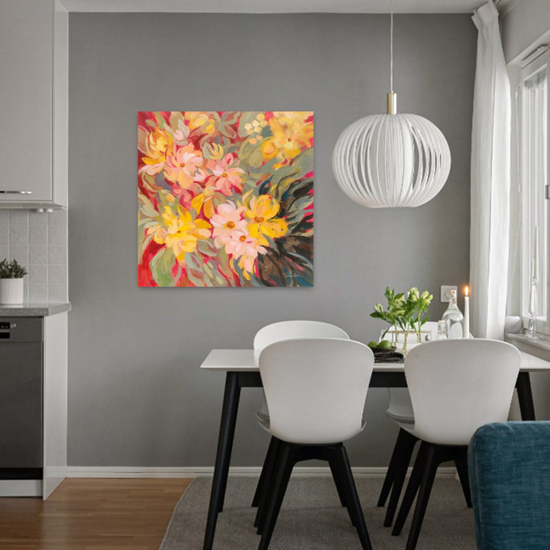 Floral contemporain magenta et sauge avec art noir et bleu, H 32 po x l 32 po