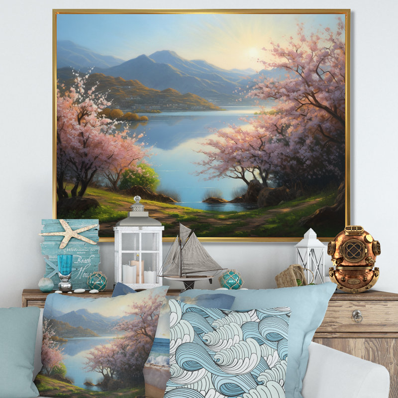Ramas Cherry Blossom Trees By The Water I sur toile, Cadre flottant doré, H 30 po x l 40 po x P 1,5 po