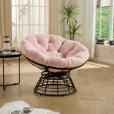 360 Swivel Chair With Ergonomic Design, Thick Cushion, Brown Steel Frame And Pink Fabric Wrappings, For Bedroom Indoor Outdoor Soft Frame, Living Room