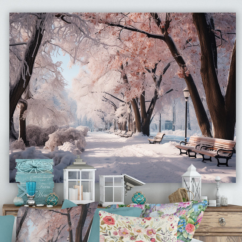 «Pink Snowy Park Floral Canopy», art mural sur toile, Toile tendue, H 24 po x l 32 po x P 1 po