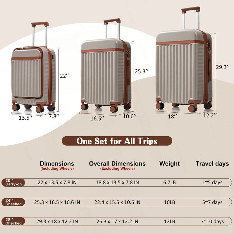 Ensemble de 3 valises de 20 pouces avec port USB, bagages à main certifiés à ouverture frontale, valise rigide en ABS avec roues pivotantes