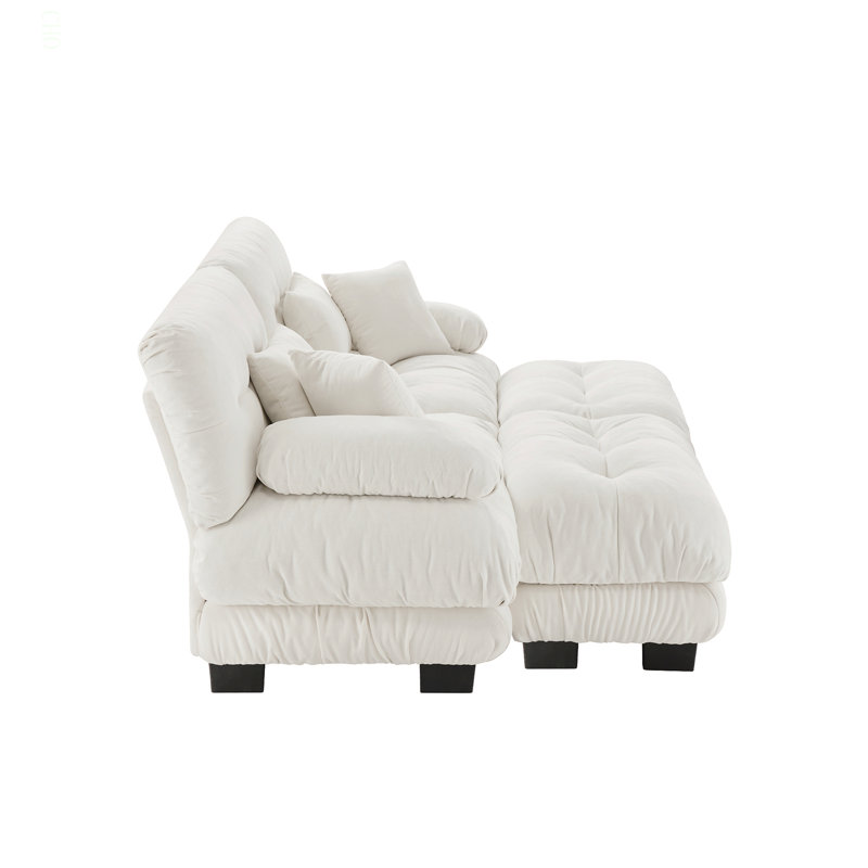 Canapé-lit Cloud Couch pour le salon, canapé 2 places en chenille avec 2 coussins lombaires et 2 coussins décoratifs, canapé rembourré à larges accoudoirs avec 2 repose-pieds, blanc chenille