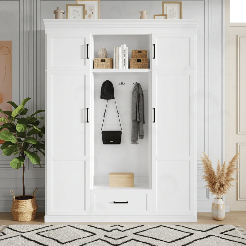 Hall Tree with 3 Hooks, 1 Drawer and Adjustable Shelves, White