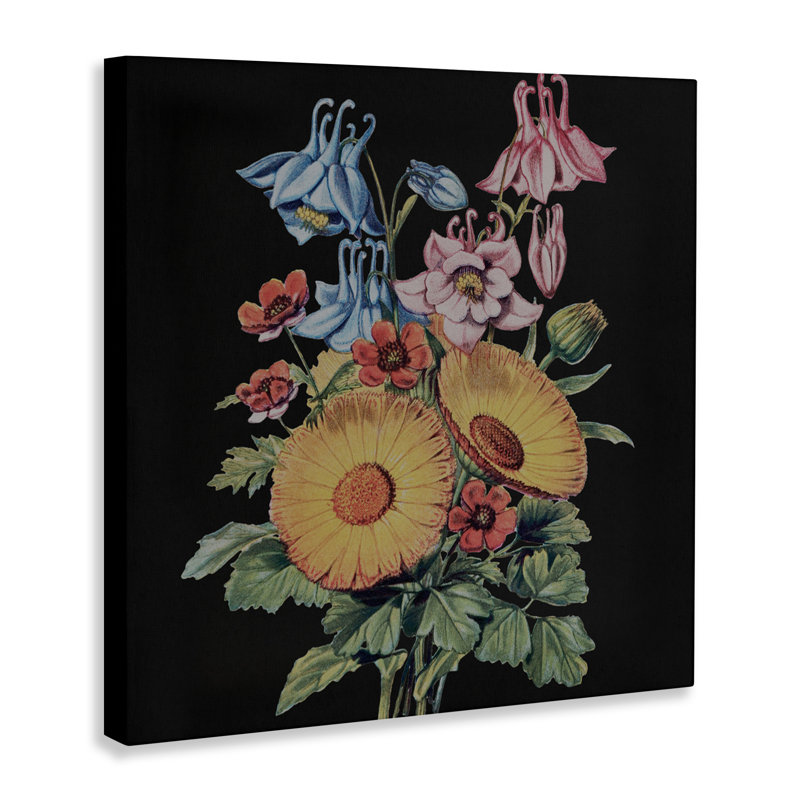 Étude de bouquet rétro sur toile noire, design par Dan Meneely, H 24 po x l 24 po