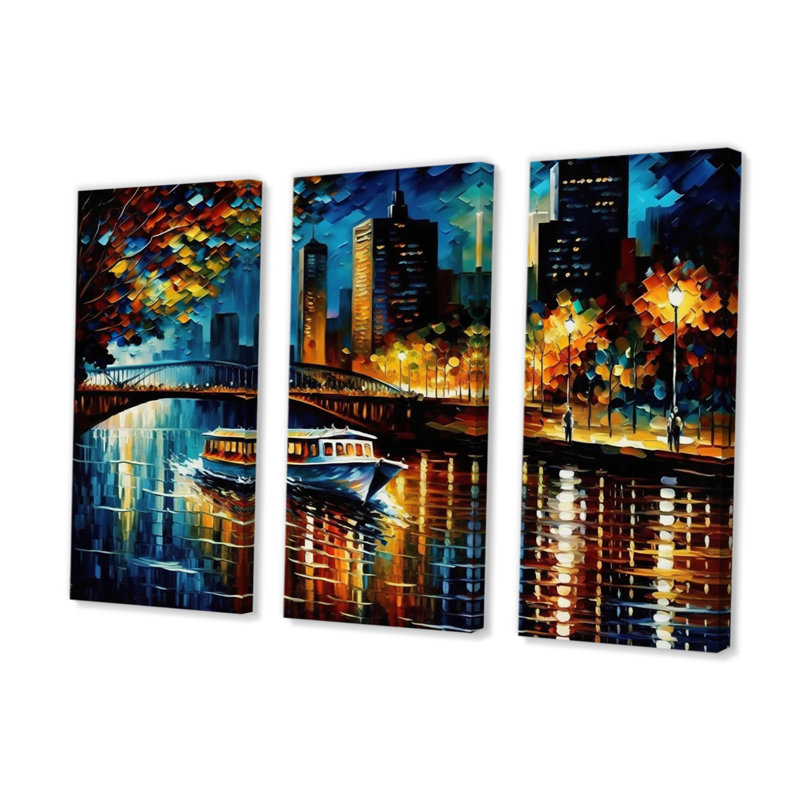 «Chicago River View in the Fall II», reproduction sur toile 3 pièces, H 28 po x l 36 po x P 1 po, Toile tendue