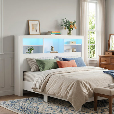 White Queen Bookcase Headboard with 5 Storage Shelves and App-Controlled RGB LED Lights