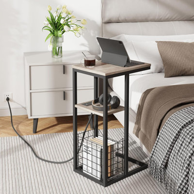C Shaped End Table with Charging Station, Side Table for Couch, Small Side End Table