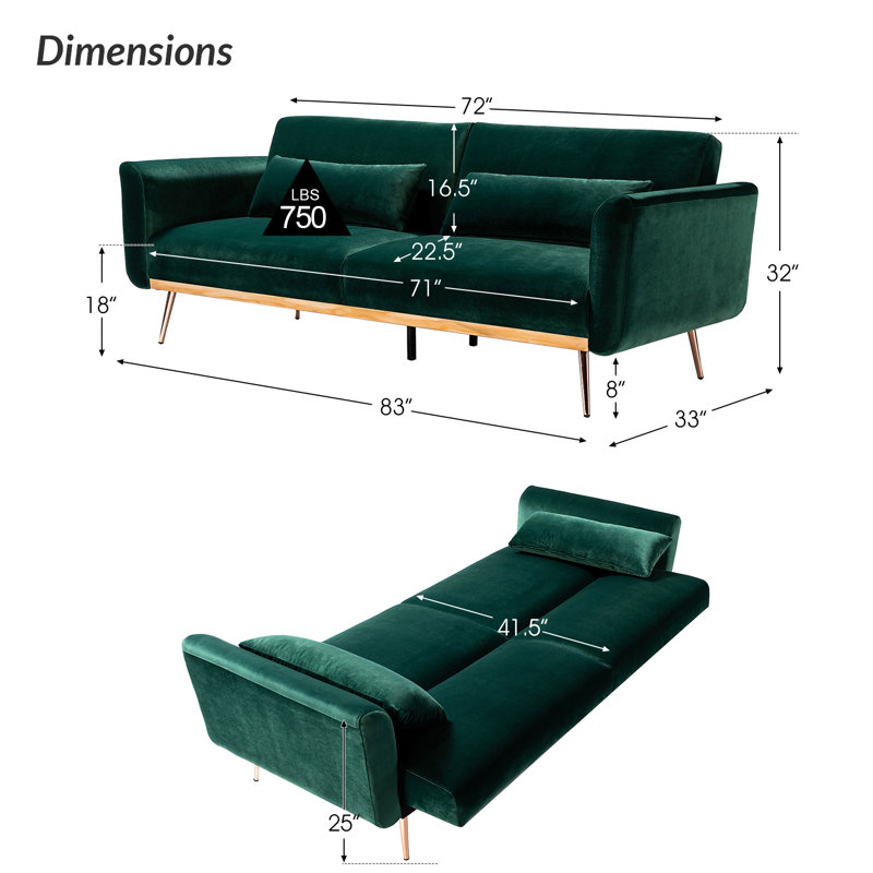 Maxwell 83'' Velvet Sofa Bed, Green Velvet