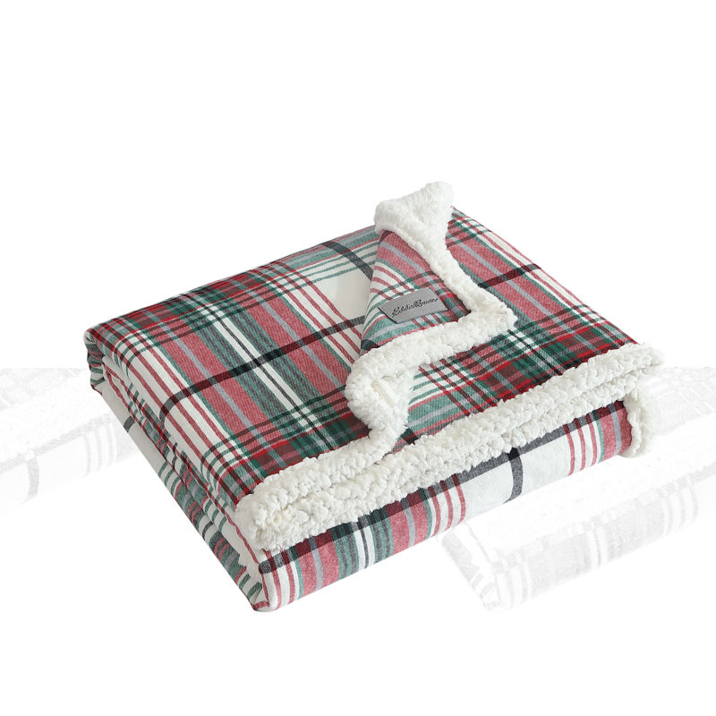 60" Red and Green Plaid Reversible Sherpa Cotton Throw Blanket