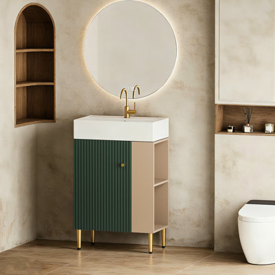 Meuble-lavabo compact de 21,6 po, armoire à fermeture en douceur, tablette latérale ouverte à droite et tablettes de lavabo teintées, fini pour