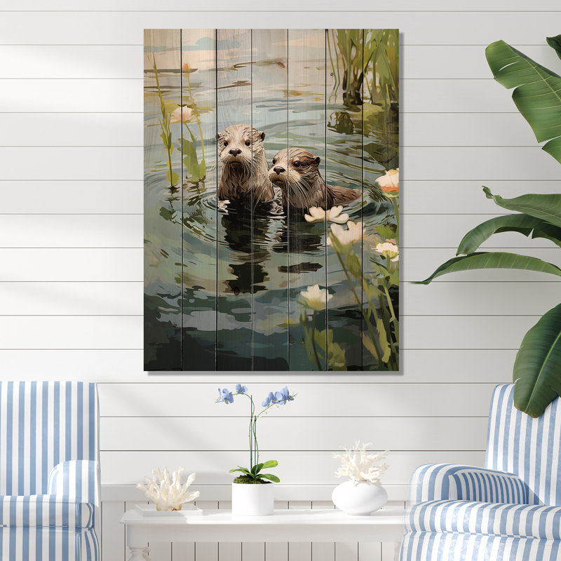 Otters Playtime - Animal côtier sur bois, H 32 po x l 24 po