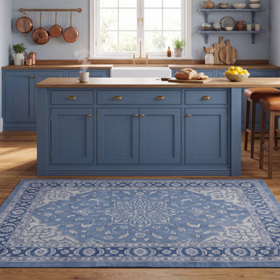 Tapis Theresa traditionnel avec médaillon, style persan, bleu, gris et crème, antidérapant, à poils courts, pour l'intérieur et l'extérieur, adapté aux animaux de compagnie, salon, chambre, salle à manger, entrée, couloir, bureau, lavable
