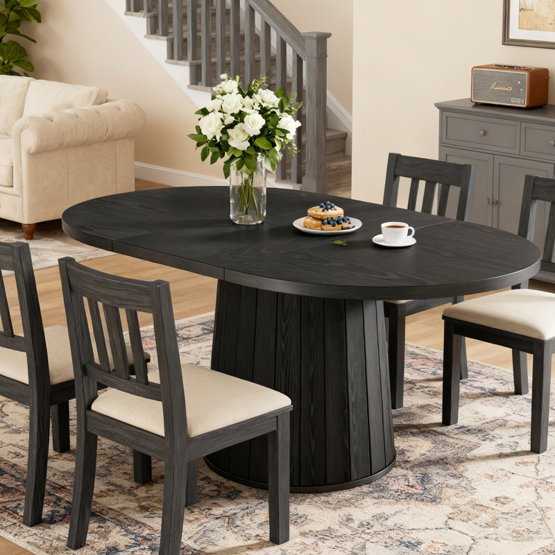 55 Inch Oval Dining Table With Wood Base For Dining Room, Kitchen, Black
