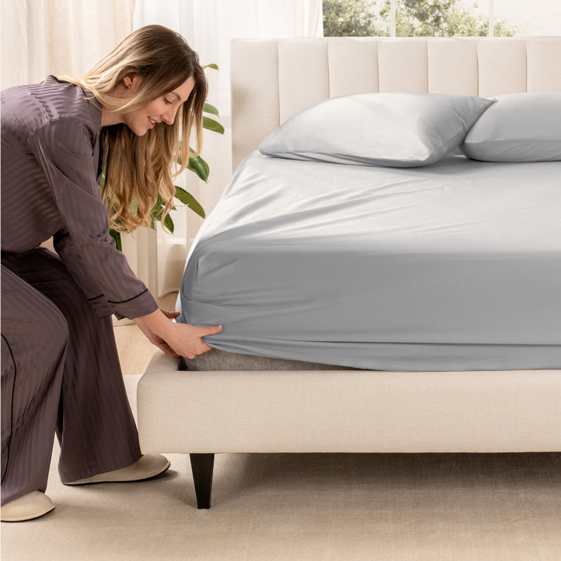 Organic Sateen Machine Woven Fitted Sheet, Twin Fitted Sheet, Light Gray