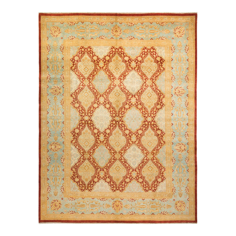 Tapis rouge en laine noué à la main de conception unique 10 pi 1 po x 13 pi 3 po Darayl