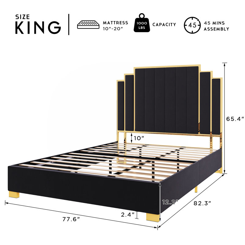 Duncanville Upholstered King Platform Bed, Black, King, Black