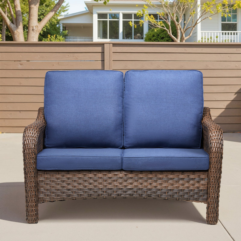 Causeuse de patio en osier 49,6 "avec coussins de siège beige, Bleu