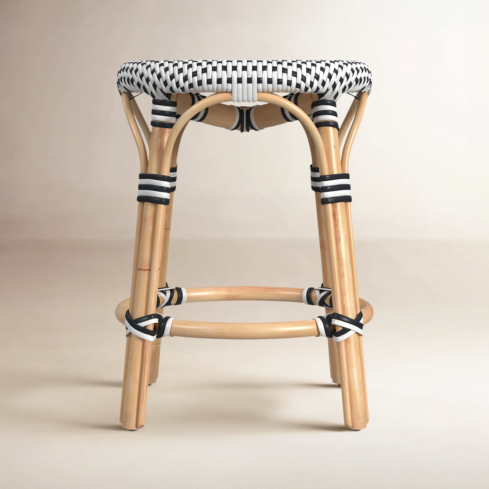 Alastair 18" Dining Short Stool, White/Black Dot/Natural Rattan Frame