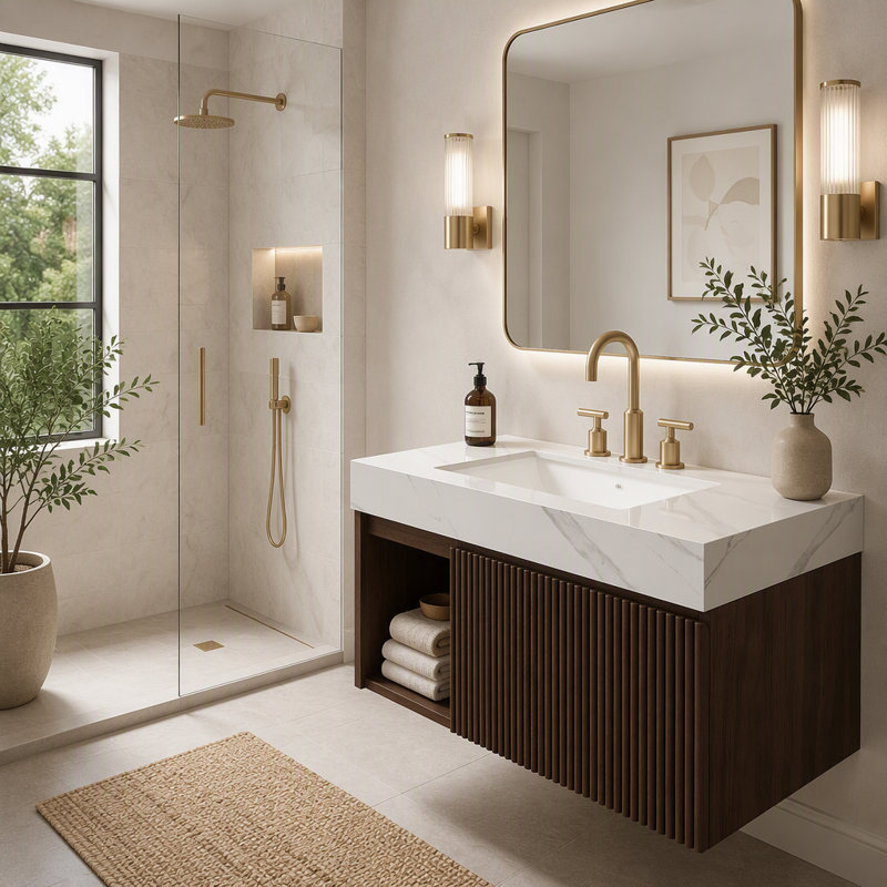 Meuble-lavabo mural de 76 cm avec lavabo intégré, armoire cannelée et éclairage à détecteur de mouvement, 30" W