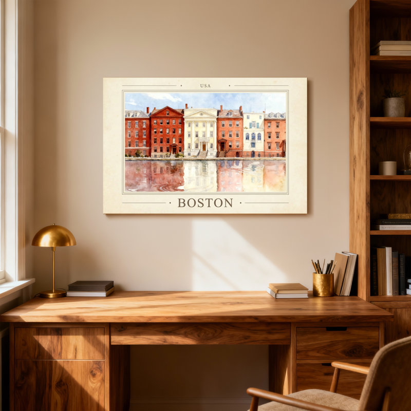 «Scenic & Cityscapes Boston Watercolor Buildings Reflections», reproduction d'art, H 24 po x l 36 po