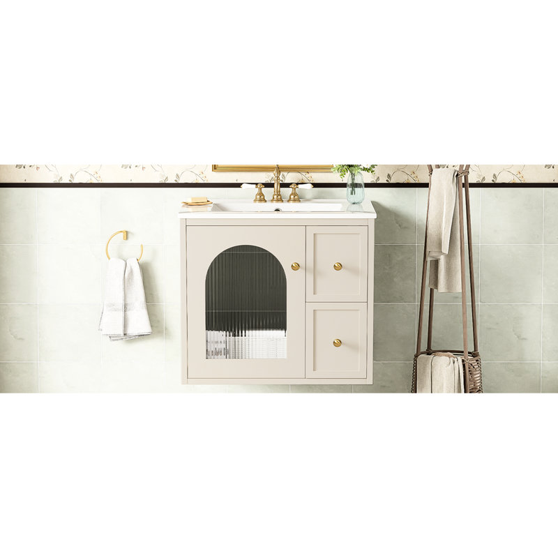 Meuble-lavabo mural de 24 po, lavabo en céramique, présentoir de porte en verre, 2 tiroirs, rangement intelligent, installation facile, porte de salle de bain contemporaine à 1 fermeture en douceur, installation, décoration