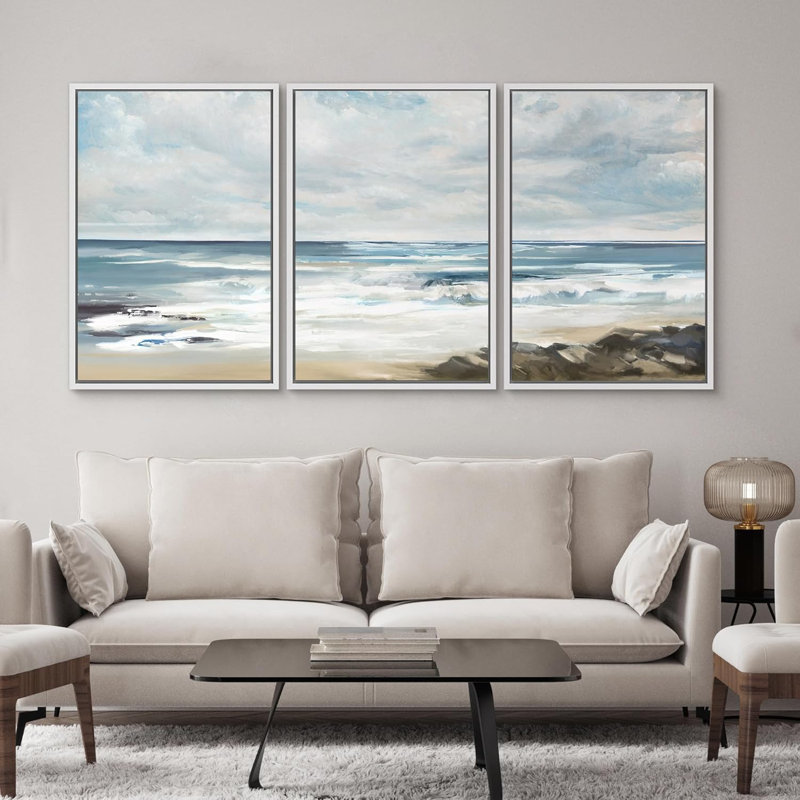 «Coastal Beach Teal Sky Ocean Wave Beach Shore», reproduction sur toile 3 pièces, H 24 po x l 48 po, Cadre flottant blanc