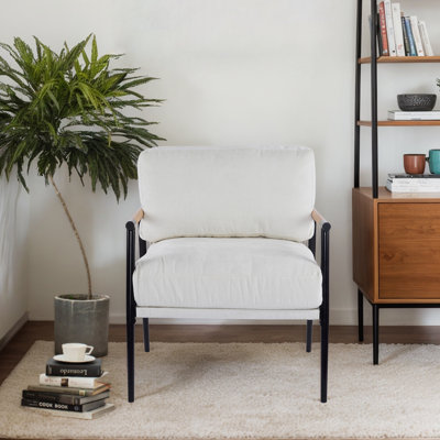 Chaise d'appoint minimaliste rembourrée avec coussins moelleux, accoudoirs en bois et base en métal
