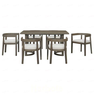 7 Piece Dining Table Set for 6, Rectangular Kitchen Table Set with 6 Upholstered Barrel-Back Chairs, Wood Grain Dining Room Table with Curved Chair Ba
