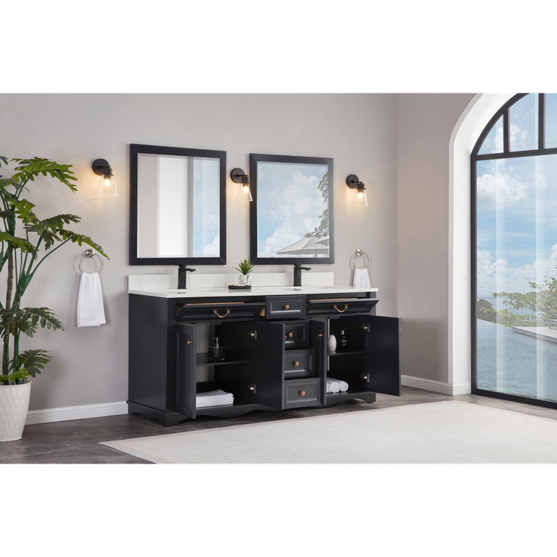 72" Solid Wood Sink Vanity  With 1' Artificial Stone Top, Tricorn Black