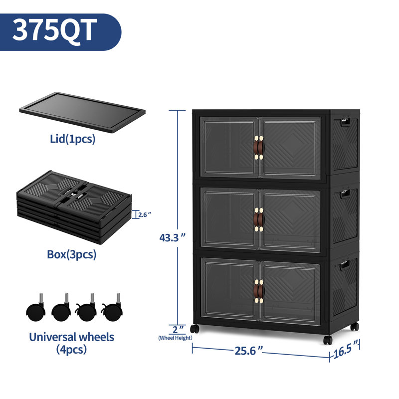 Très grands bacs de rangement en plastique pliables de 26 po de largeur et de 321 pte avec couvercles et portes avant, armoire de rangement à 3 niveaux - noir