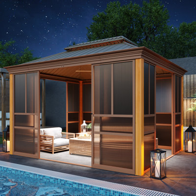 Pavillon de jardin d'extérieur à toit rigide - Solarium en aluminium entièrement fermé avec finition grain de bois, portes coulissantes et fenêtres coulissantes en PE, et double toit en acier galvanisé pour patio, terrasse et spa